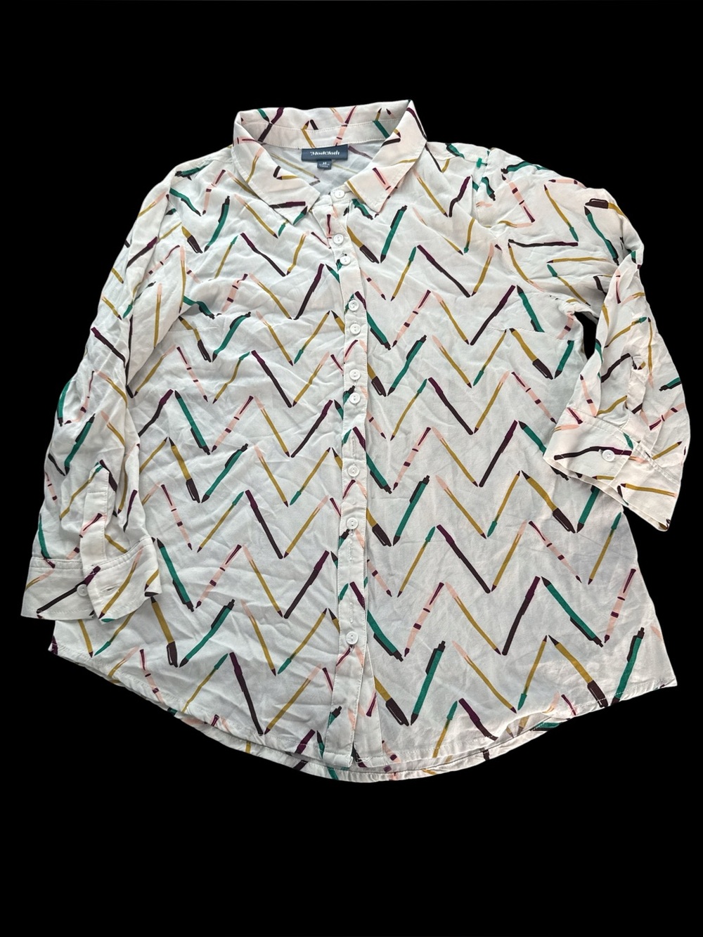 ModCloth Women’s White Chevron Button-Up Shirt Multicolor Accents Size M Rayon - Picture 7 of 7